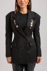 Blazer nero doppiopetto spille gioiello FEDERICA BI