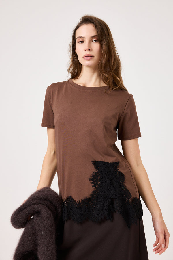 Maglia marrone in cotone e pizzo FEDERICA BI