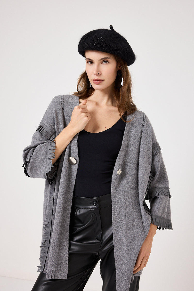 Cardigan grigio frange in suede FEDERICA BI