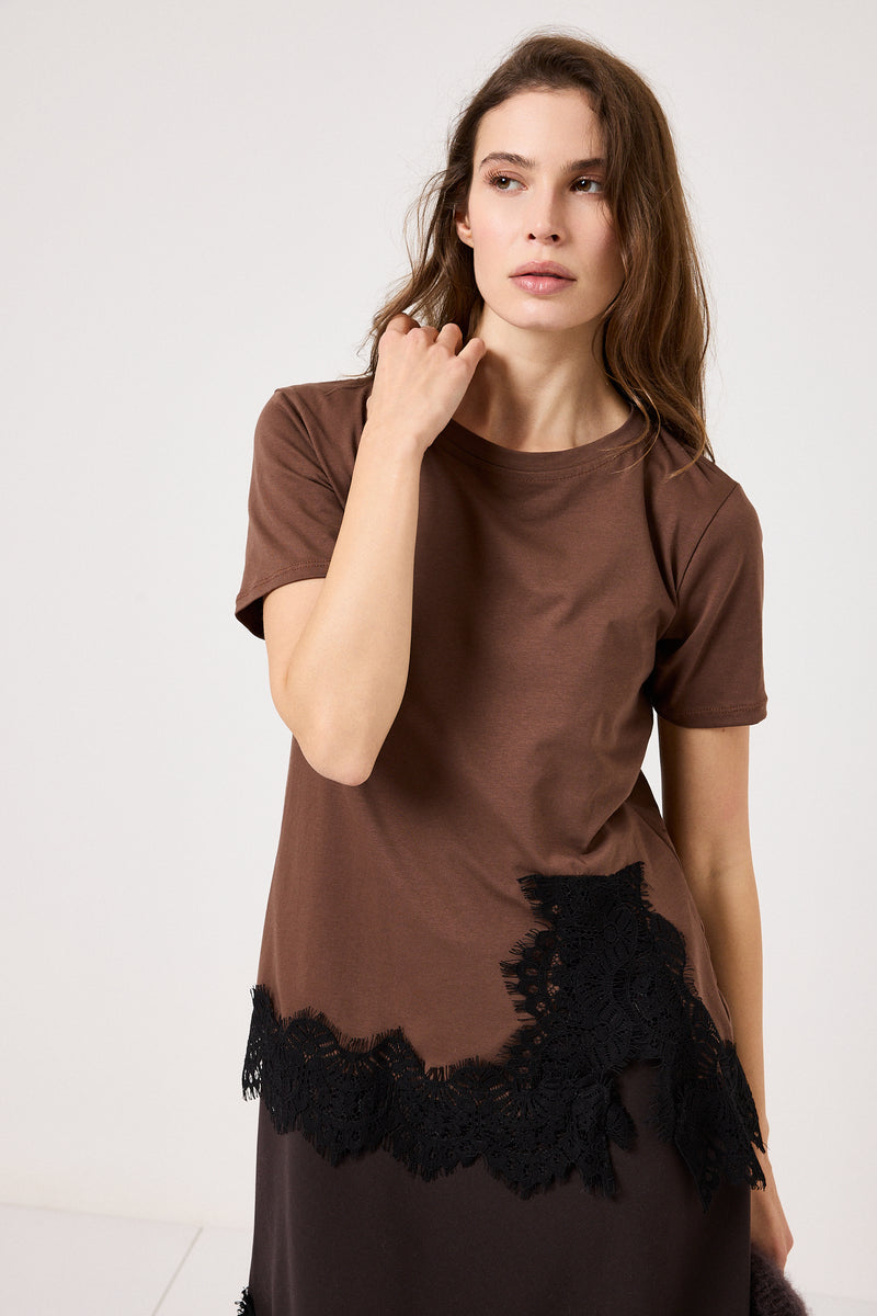 Maglia marrone in cotone e pizzo FEDERICA BI