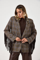 Blazer tartan con frange e spille gioiello FEDERICA BI