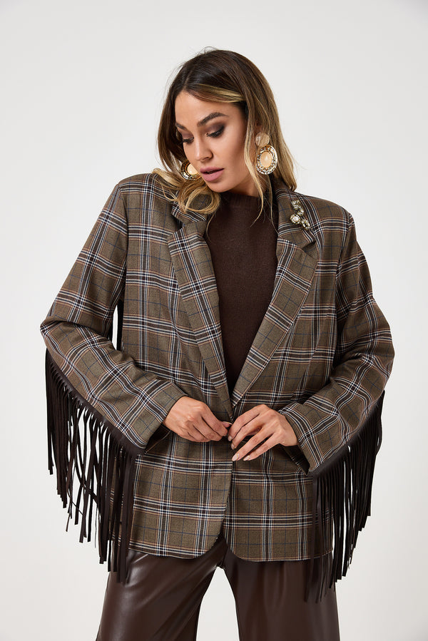 Blazer tartan con frange e spille gioiello FEDERICA BI