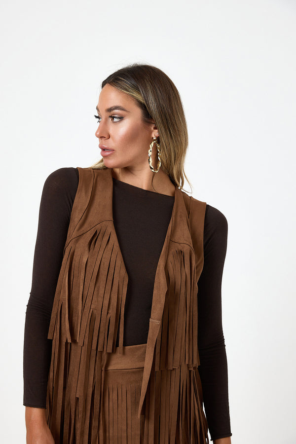 Gilet camel con frange FEDERICA BI