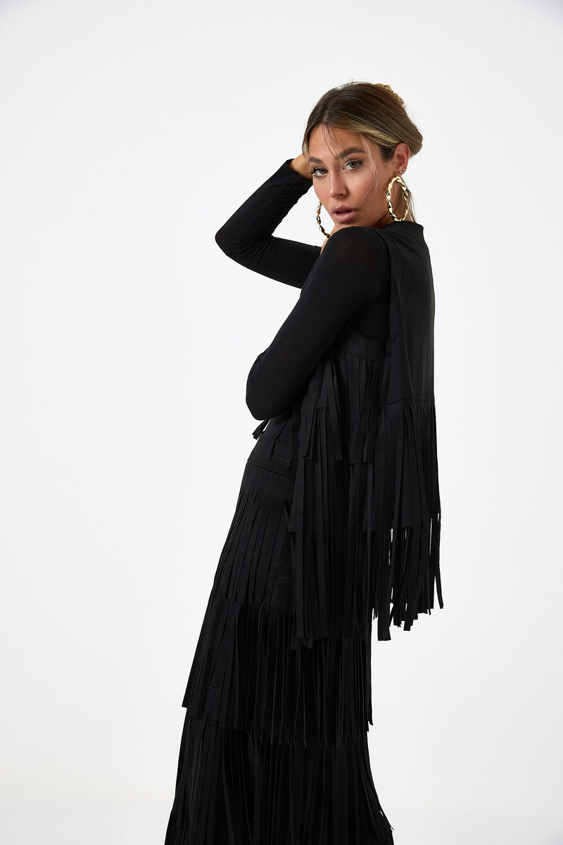 Gilet nero in ecosuede con frange FEDERICA BI