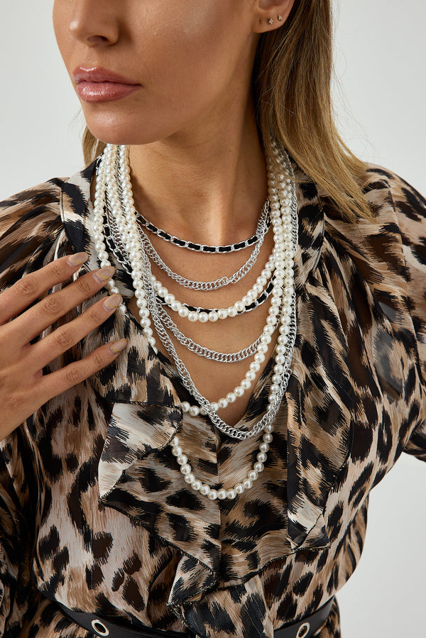 Collana multifili di perle e catene argento