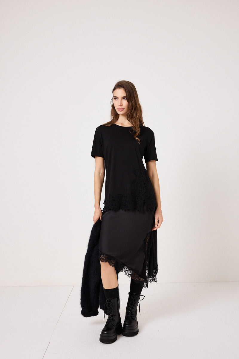 Maglia nera in cotone e pizzo FEDERICA BI