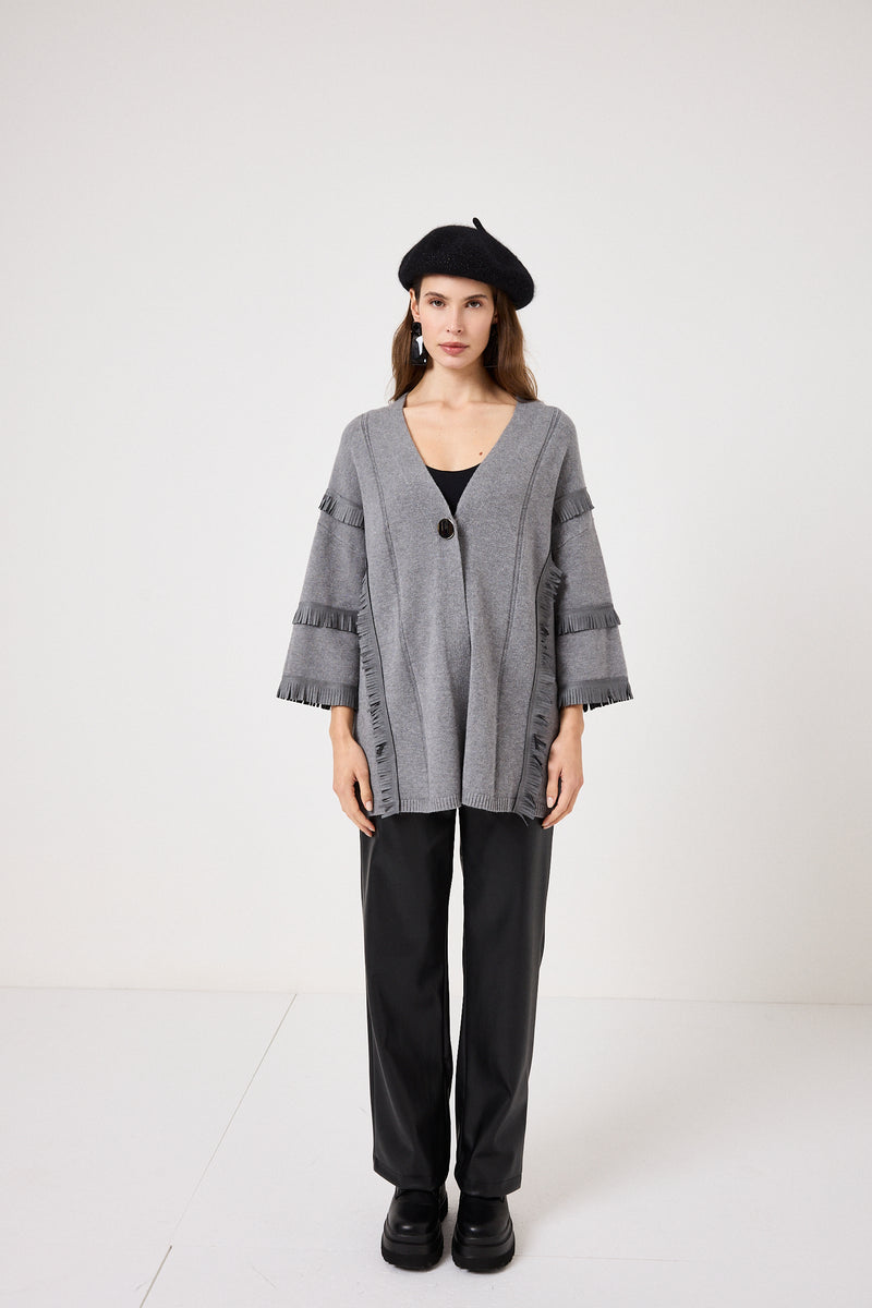 Cardigan grigio frange in suede FEDERICA BI
