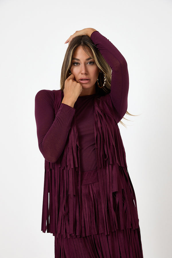 Gilet bordeaux con frange in ecosuede FEDERICA BI