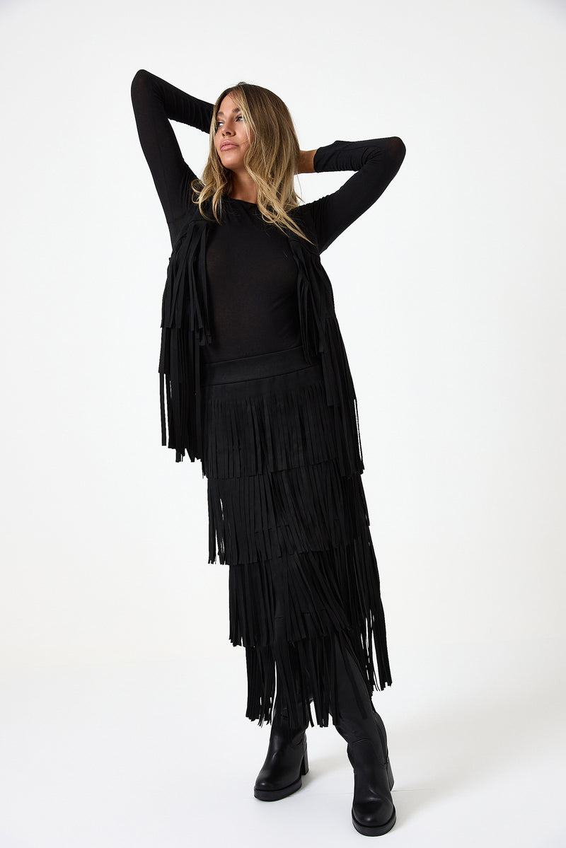 Gonna nera in ecosuede con frange FEDERICA BI