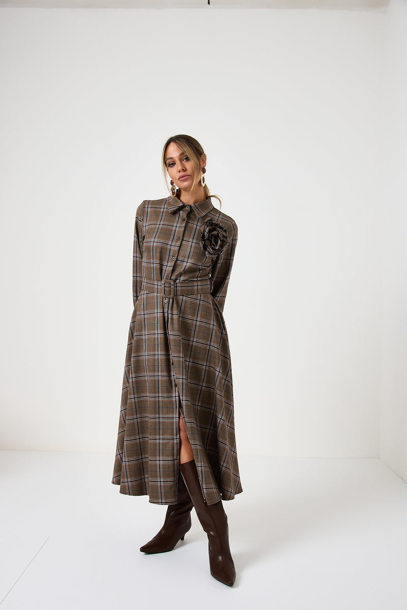 Abito tartan spilla fiore FEDERICA BI