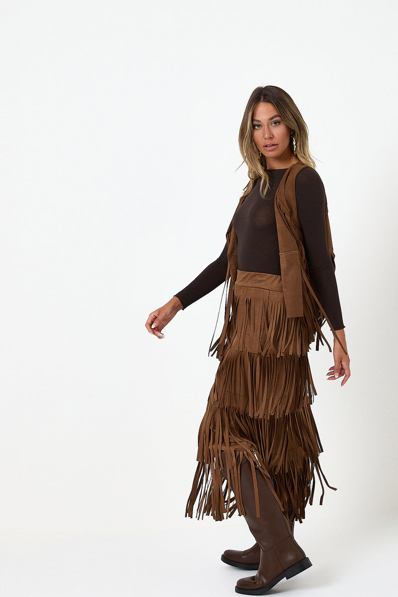 Gonna camel in ecosuede con frange FEDERICA BI