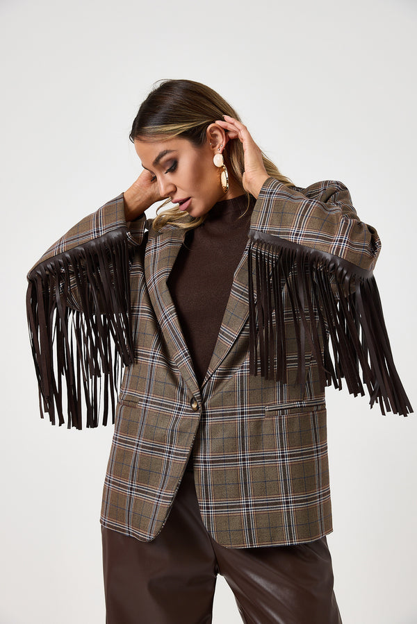 Blazer tartan con frange e spille gioiello FEDERICA BI