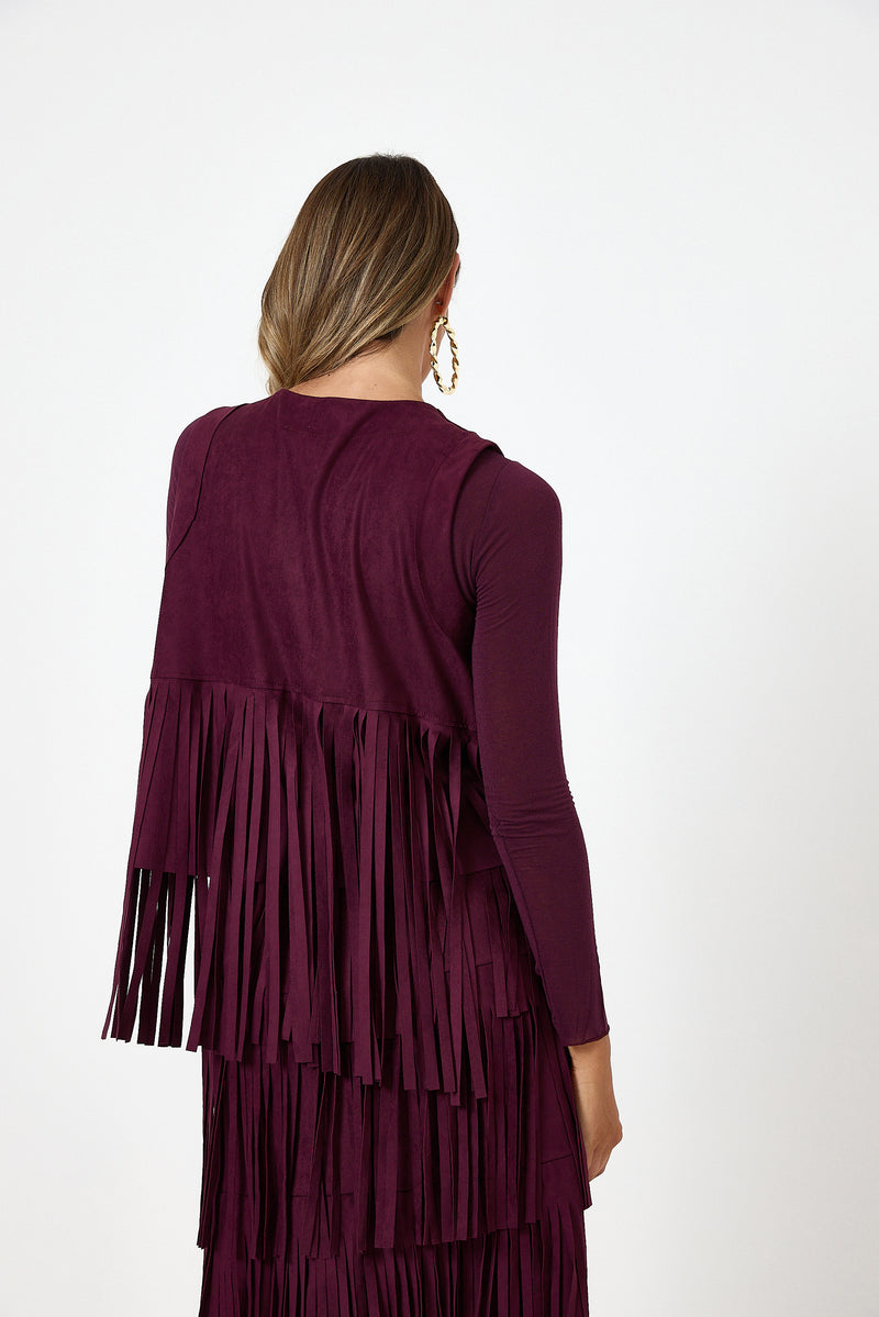 Gilet bordeaux con frange in ecosuede FEDERICA BI