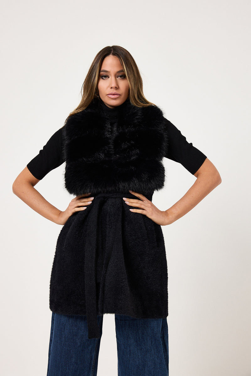 Gilet nero in ciniglia ed ecopelliccia FEDERICA BI