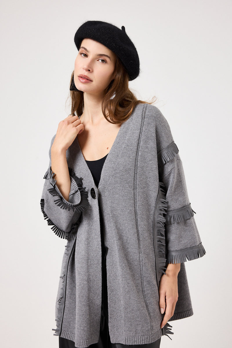 Cardigan grigio frange in suede FEDERICA BI