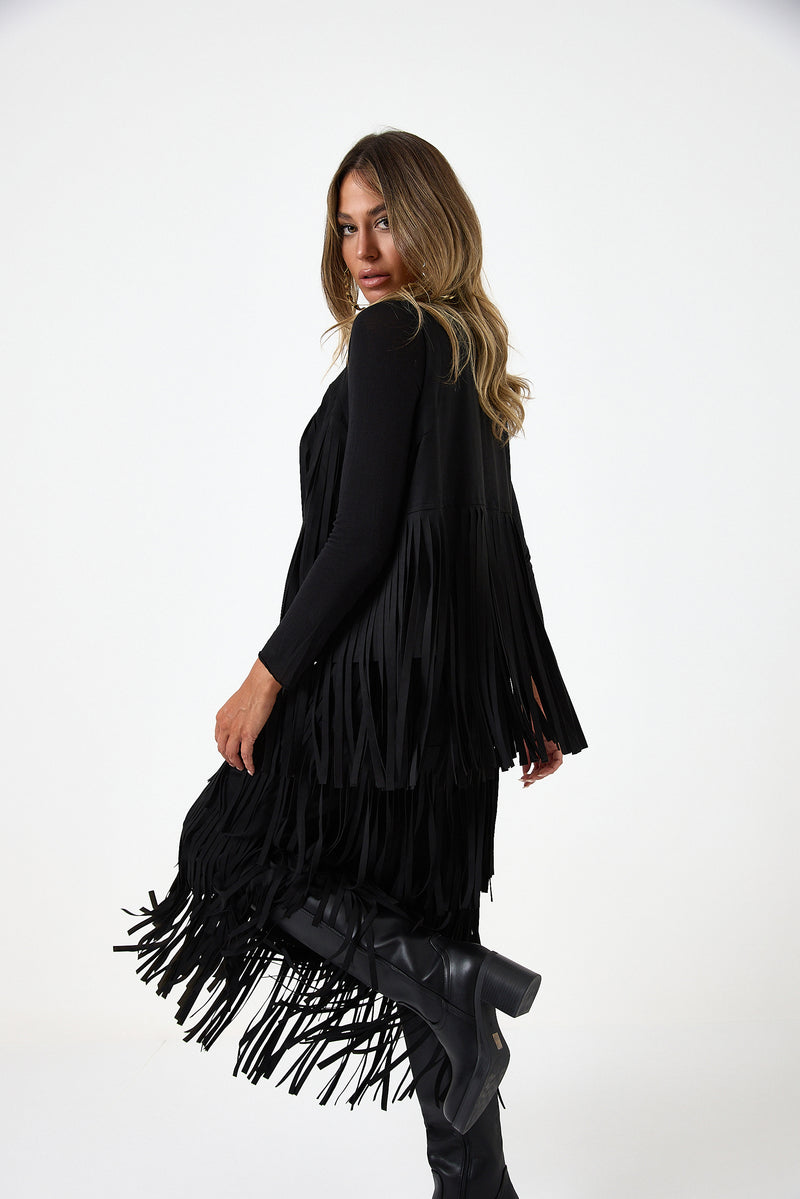 Gilet nero in ecosuede con frange FEDERICA BI