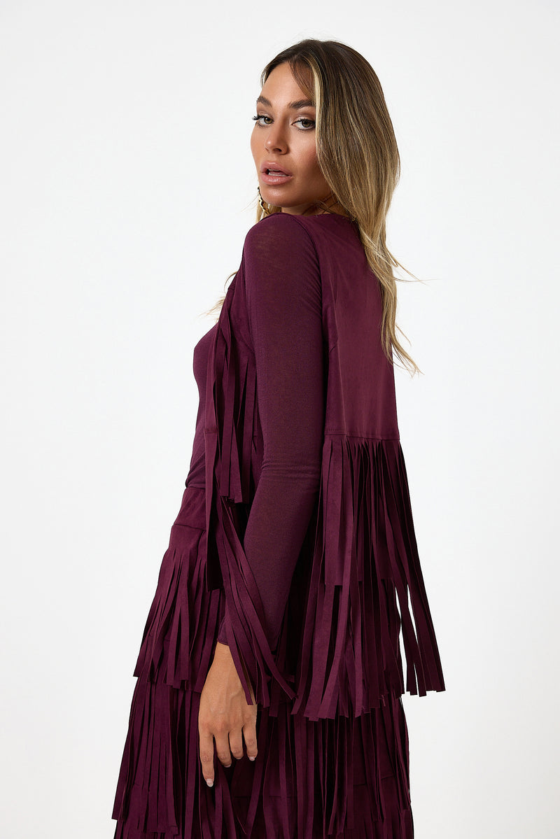 Gilet bordeaux con frange in ecosuede FEDERICA BI