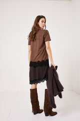 Maglia marrone in cotone e pizzo FEDERICA BI