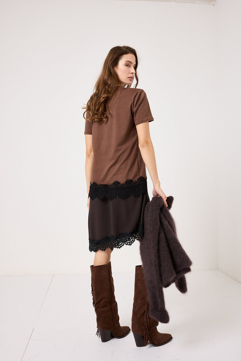 Maglia marrone in cotone e pizzo FEDERICA BI