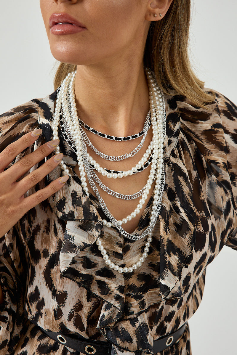 Collana multifili di perle e catene argento