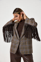 Blazer tartan con frange e spille gioiello FEDERICA BI