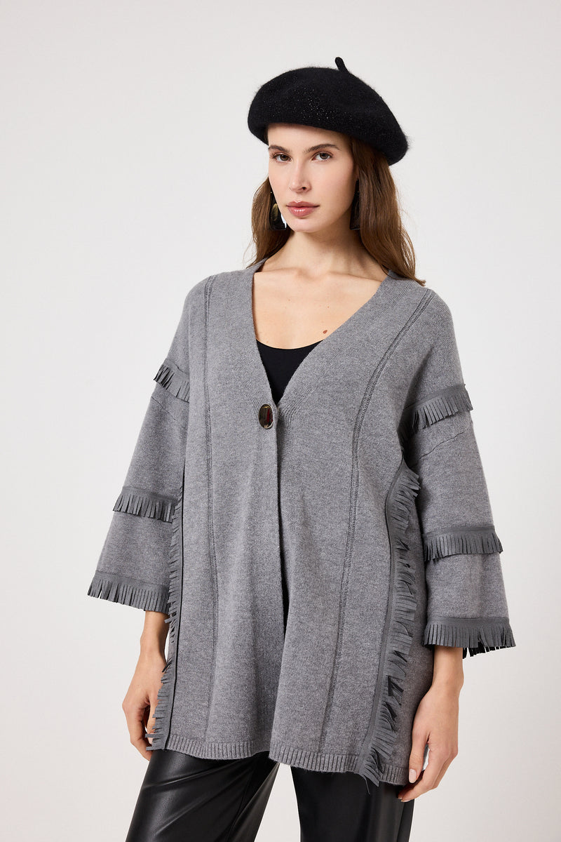 Cardigan grigio frange in suede FEDERICA BI
