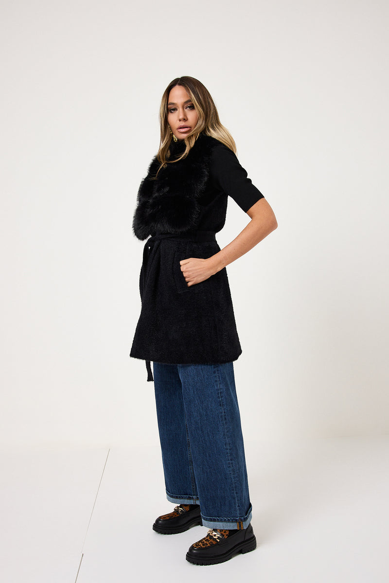 Gilet nero in ciniglia ed ecopelliccia FEDERICA BI