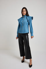 ACQUISTA IL TOTAL LOOK: Blazer nero in cadi, body giallo in chiffon, pantalone nero in ecopelle e sabot