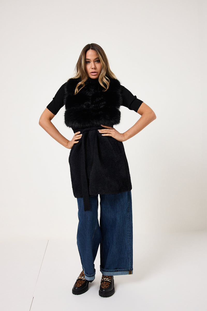 Gilet nero in ciniglia ed ecopelliccia FEDERICA BI
