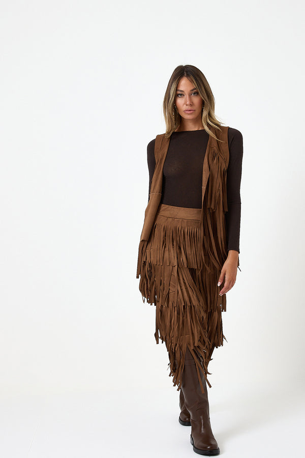 Gonna camel in ecosuede con frange FEDERICA BI