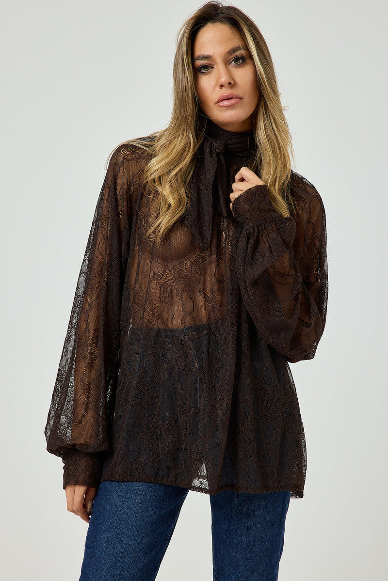 Camicia in pizzo moro con fiocco FEDERICA BI