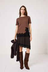 Maglia marrone in cotone e pizzo FEDERICA BI