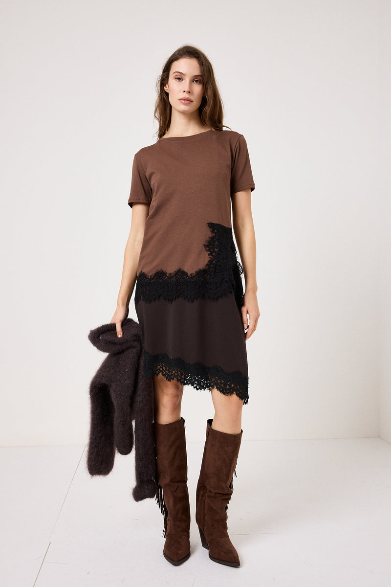 Maglia marrone in cotone e pizzo FEDERICA BI