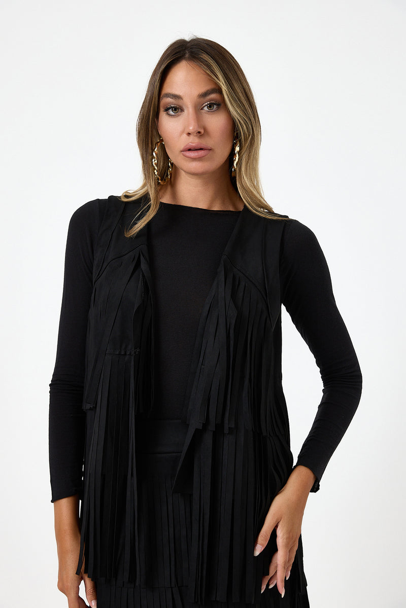 Gilet nero in ecosuede con frange FEDERICA BI