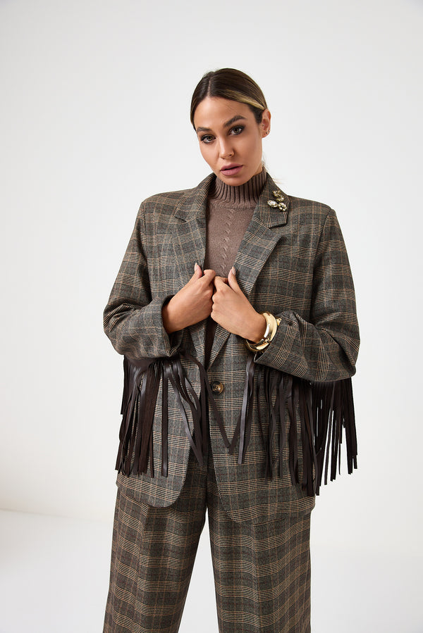 Blazer principe di Galles con frange e spille gioiello FEDERICA BI