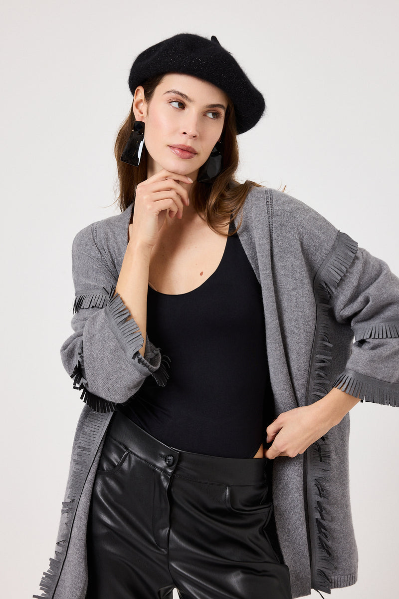 Cardigan grigio frange in suede FEDERICA BI