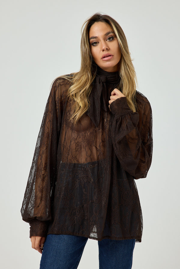Camicia in pizzo moro con fiocco FEDERICA BI