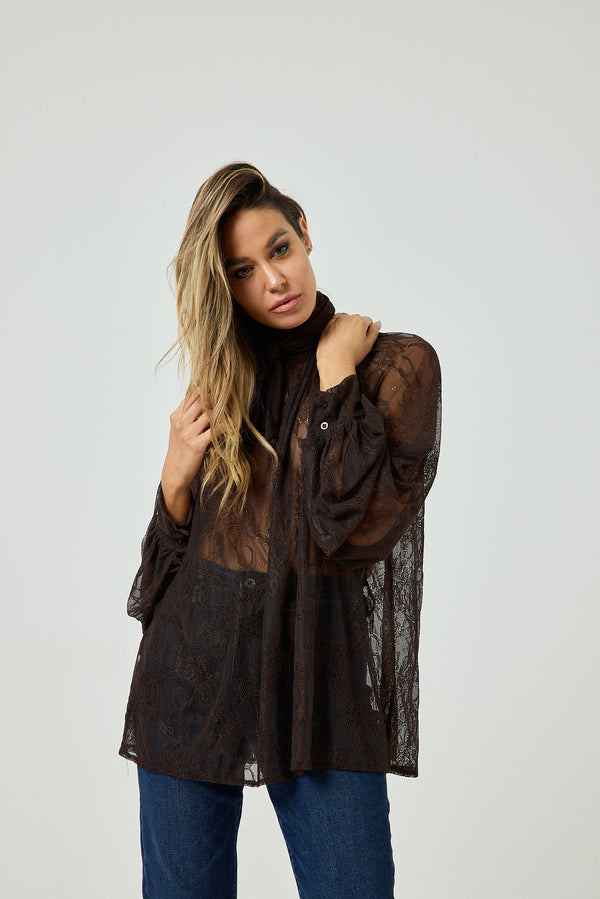 Camicia in pizzo moro con fiocco FEDERICA BI