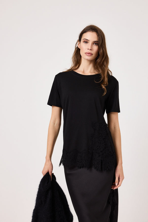Maglia nera in cotone e pizzo FEDERICA BI
