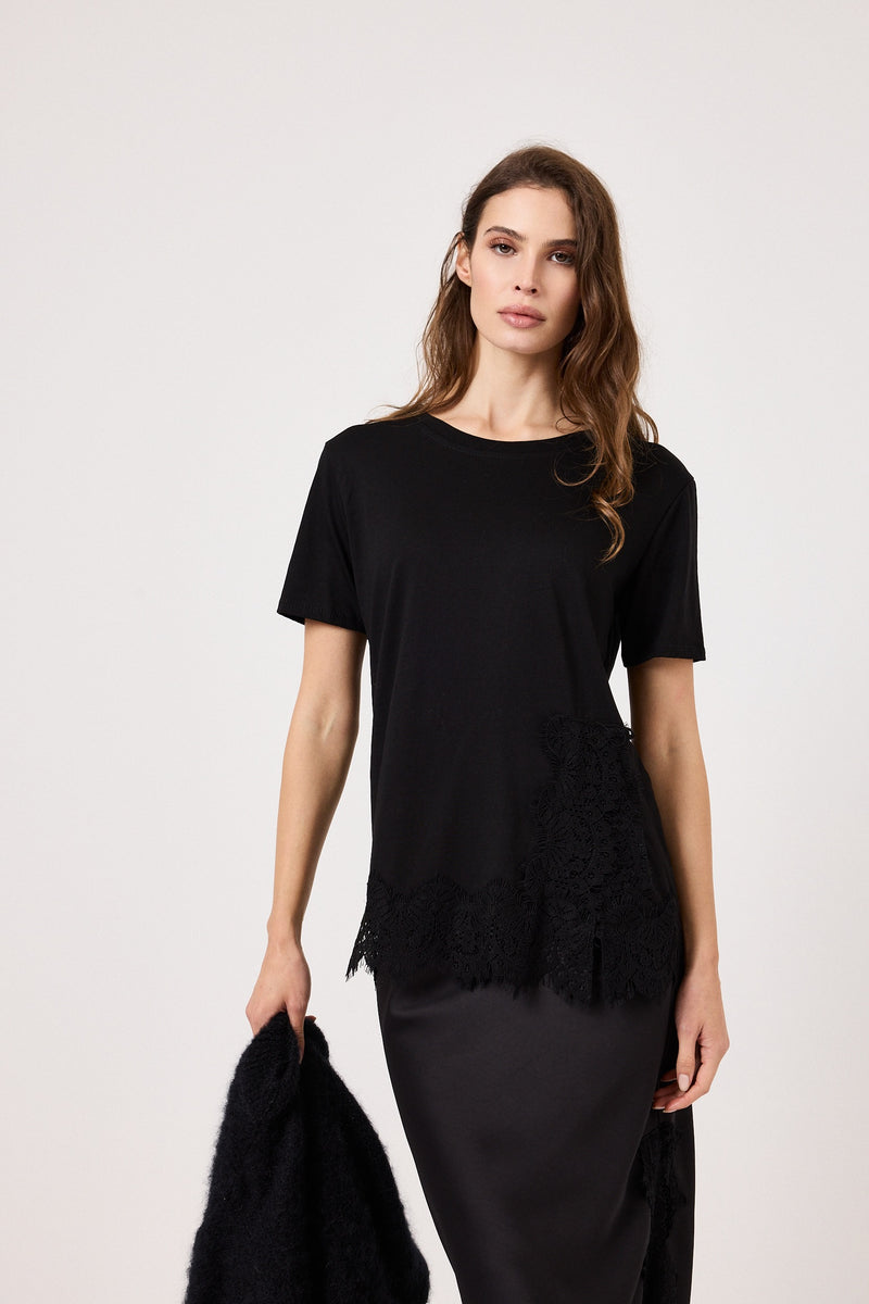Maglia nera in cotone e pizzo FEDERICA BI