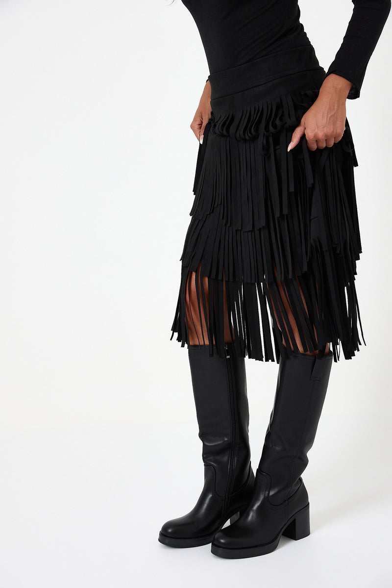 Gonna nera in ecosuede con frange FEDERICA BI