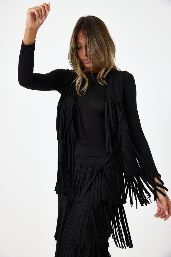 Gilet nero in ecosuede con frange FEDERICA BI