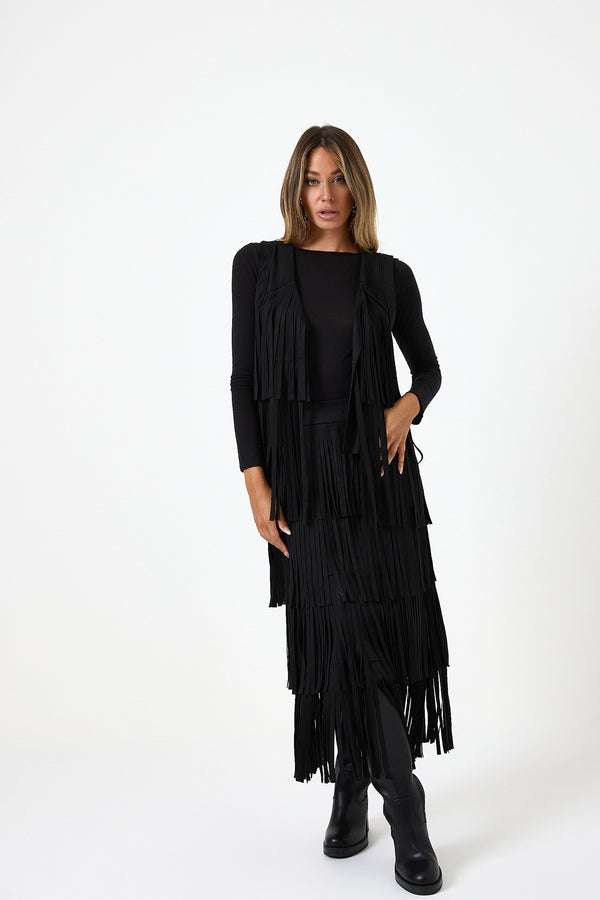 Gonna nera in ecosuede con frange FEDERICA BI