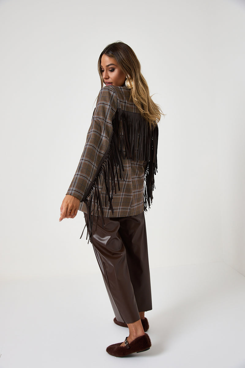 Blazer tartan con frange e spille gioiello FEDERICA BI