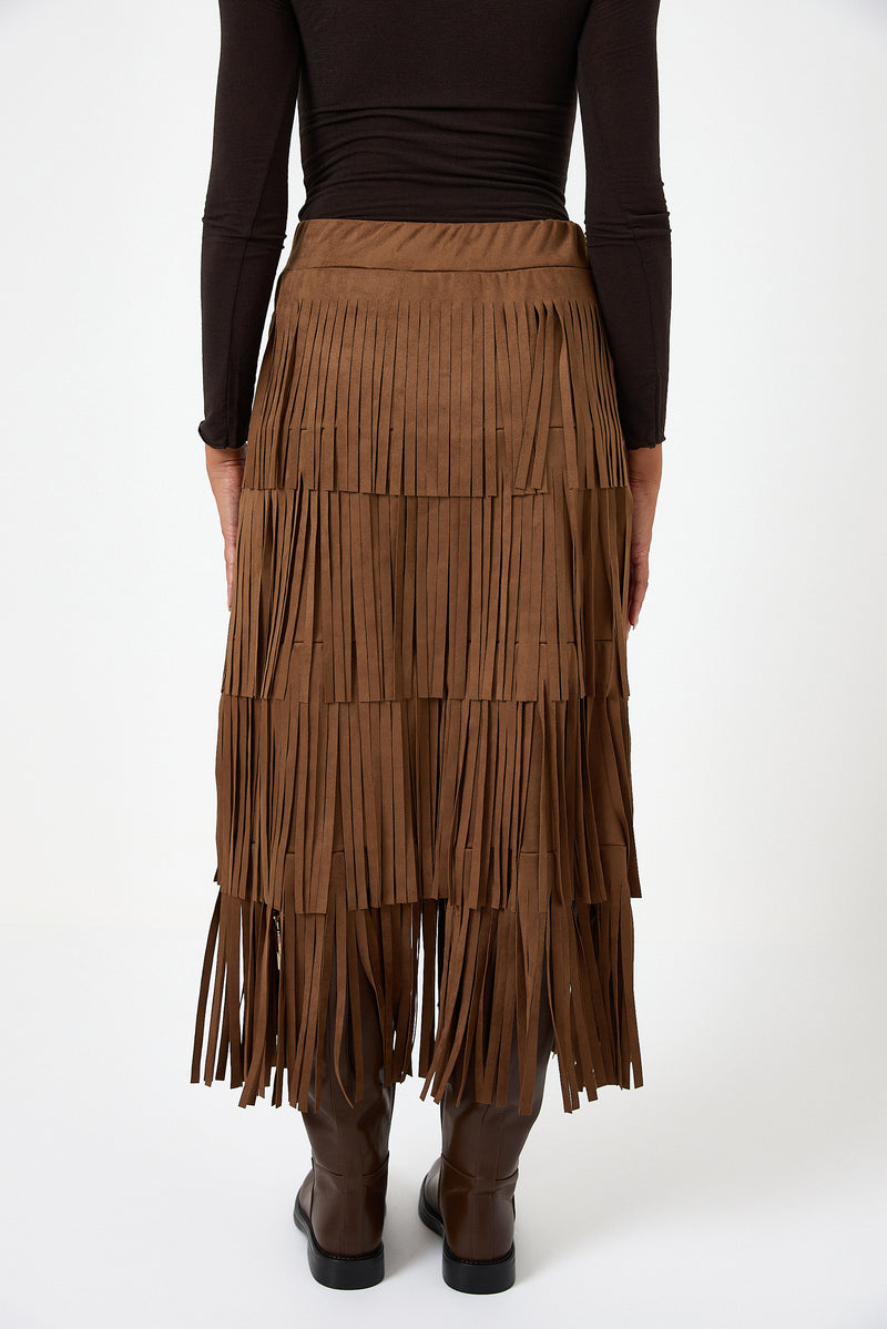 Gonna camel in ecosuede con frange FEDERICA BI