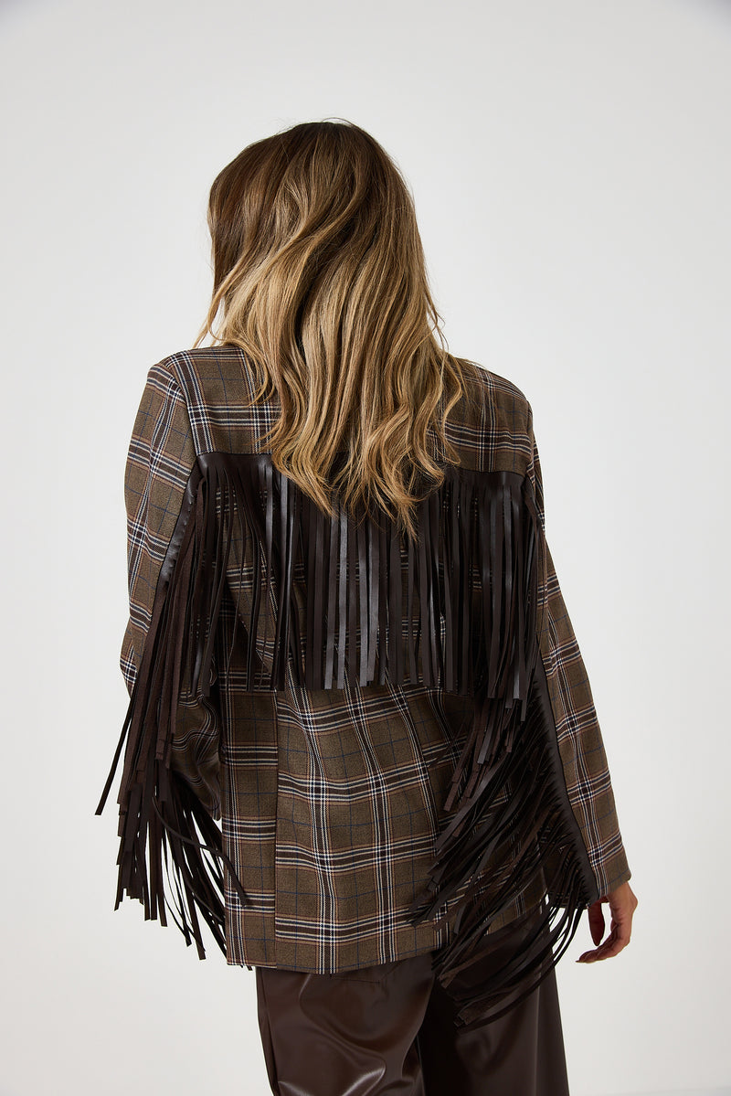 Blazer tartan con frange e spille gioiello FEDERICA BI