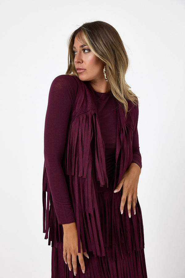 Gilet bordeaux con frange in ecosuede FEDERICA BI