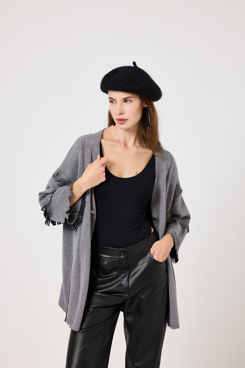 Cardigan grigio frange in suede FEDERICA BI