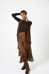 Gonna camel in ecosuede con frange FEDERICA BI