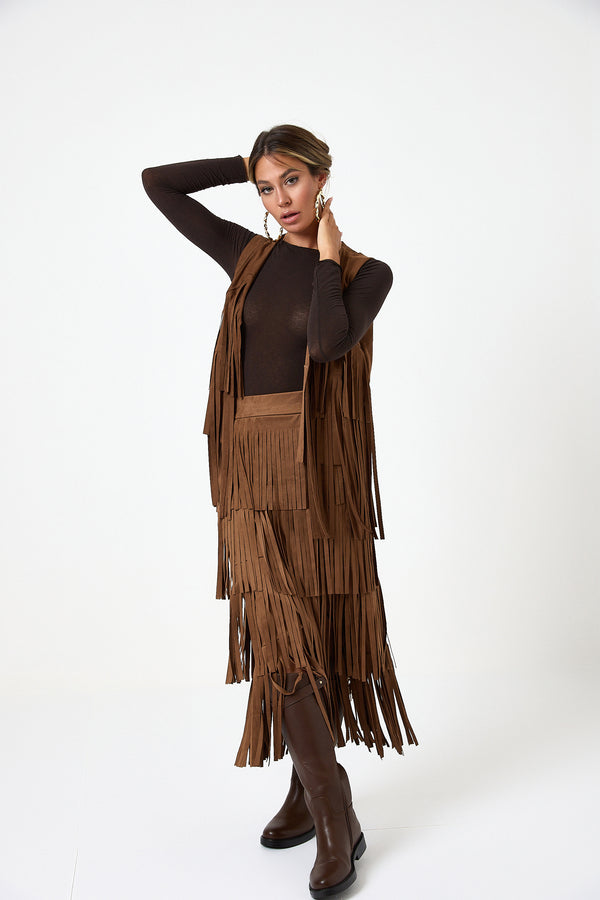 Gonna camel in ecosuede con frange FEDERICA BI